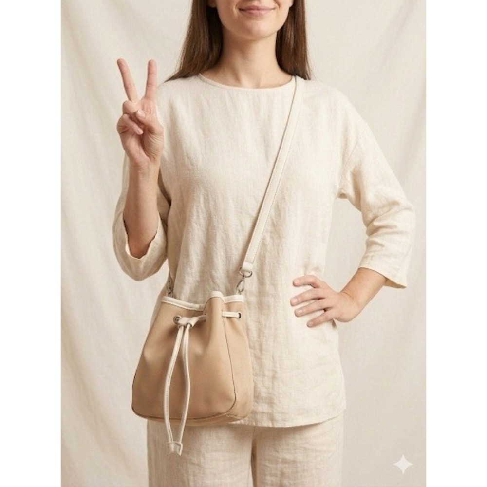 Calin Minimalist Taupe & Cream Drawstring Bucket Satchel Bag Crossbody Strap NWT